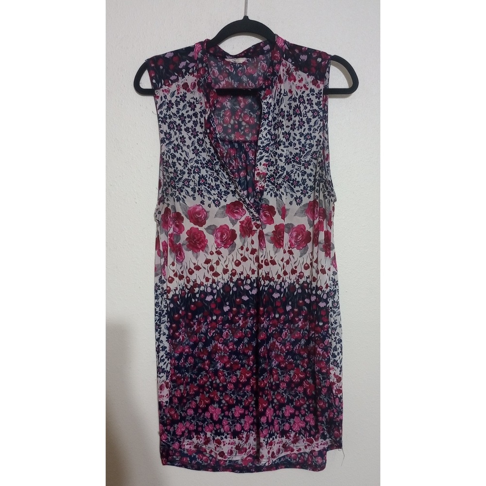 Siren Lily Women Floral Rose Print Sleeveless Blouse V-Neck Top Red Navy 2X